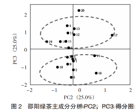 图 2 邵阳绿茶主成分分析 PC2， PC3 得分图.png