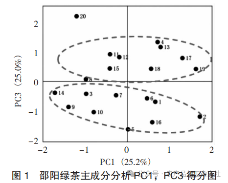 图 1 邵阳绿茶主成分分析 PC1， PC3 得分图.png